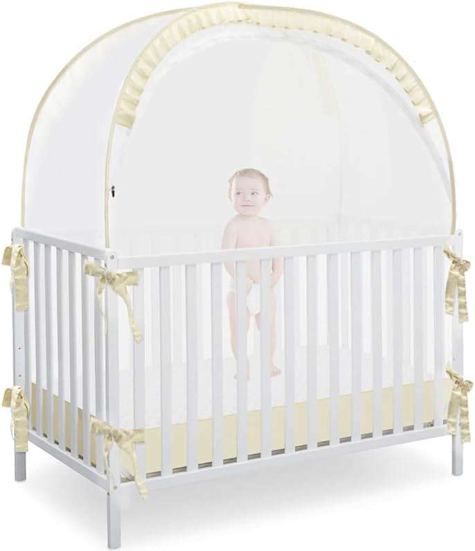L RUNNZER Baby Safety Crib Tent, Pop Up Canopy for Crib to Stop Baby from Climbing Out, Infant Mesh Cover Mosquito Net with Sturdy Frame & Soft Mesh, Beige, (R07-beige) - Image 1