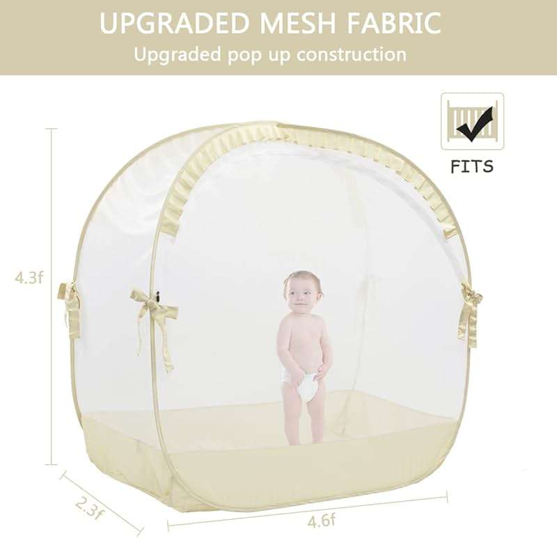 L RUNNZER Baby Safety Crib Tent, Pop Up Canopy for Crib to Stop Baby from Climbing Out, Infant Mesh Cover Mosquito Net with Sturdy Frame & Soft Mesh, Beige, (R07-beige) - Image 3