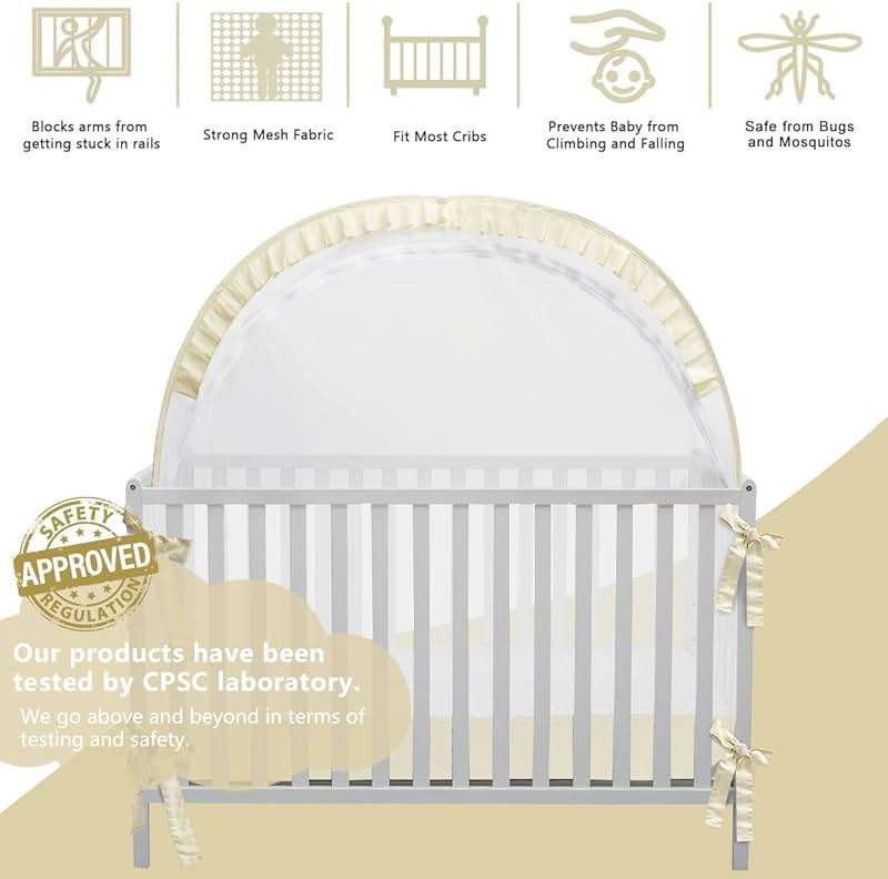 L RUNNZER Baby Safety Crib Tent, Pop Up Canopy for Crib to Stop Baby from Climbing Out, Infant Mesh Cover Mosquito Net with Sturdy Frame & Soft Mesh, Beige, (R07-beige) - Image 4
