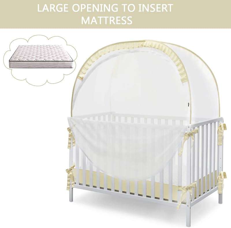 L RUNNZER Baby Safety Crib Tent, Pop Up Canopy for Crib to Stop Baby from Climbing Out, Infant Mesh Cover Mosquito Net with Sturdy Frame & Soft Mesh, Beige, (R07-beige) - Image 5