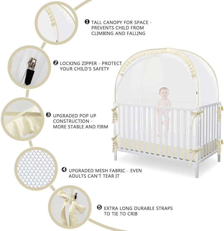 L RUNNZER Baby Safety Crib Tent, Pop Up Canopy for Crib to Stop Baby from Climbing Out, Infant Mesh Cover Mosquito Net with Sturdy Frame & Soft Mesh, Beige, (R07-beige) - Image 6