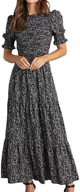 BTFBM Women Casual Summer Dresses 2026 Spring Crew Neck Ruffle Short Sleeve Smocked Floral Boho Flowy Maxi Dress Clothes - Image 1
