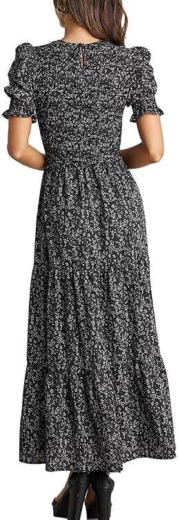 BTFBM Women Casual Summer Dresses 2026 Spring Crew Neck Ruffle Short Sleeve Smocked Floral Boho Flowy Maxi Dress Clothes - Image 2