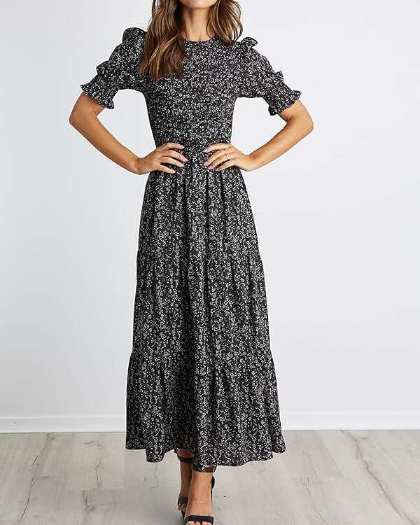 BTFBM Women Casual Summer Dresses 2026 Spring Crew Neck Ruffle Short Sleeve Smocked Floral Boho Flowy Maxi Dress Clothes - Image 3