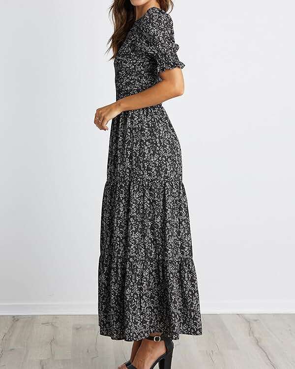 BTFBM Women Casual Summer Dresses 2026 Spring Crew Neck Ruffle Short Sleeve Smocked Floral Boho Flowy Maxi Dress Clothes - Image 4