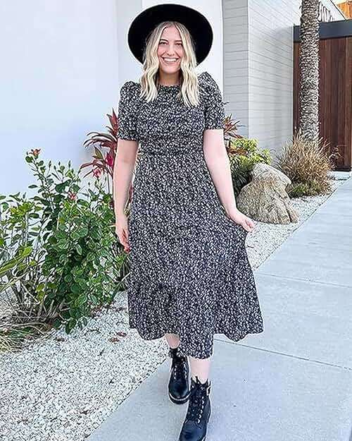 BTFBM Women Casual Summer Dresses 2026 Spring Crew Neck Ruffle Short Sleeve Smocked Floral Boho Flowy Maxi Dress Clothes - Image 6