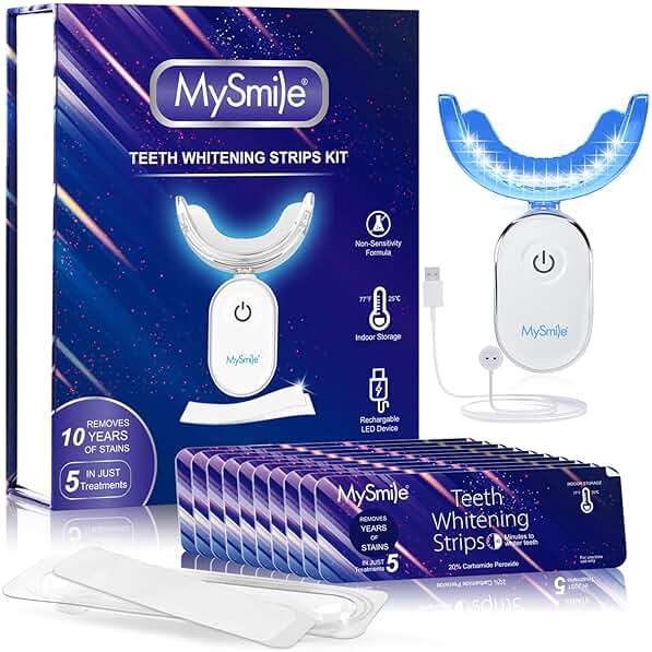 MySmile Non-Sensitive 10 Treatment Whitening Strips Kit with LED Light Tray 10 Min Fast Remove Coffee Wine Tobacco 20 Years of Stains Whitening Tooth Care Oral Safe for Enamel - Image 1