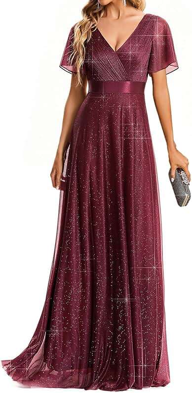 Ever-Pretty Women's Summer Glitter Formal Dresses Evening Gown V Neck Short Sleeves Floor Length Mother of Bride Dress 50159 - Image 1