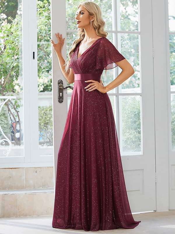 Ever-Pretty Women's Summer Glitter Formal Dresses Evening Gown V Neck Short Sleeves Floor Length Mother of Bride Dress 50159 - Image 3