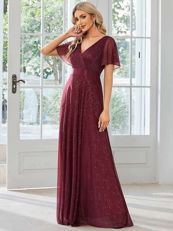 Ever-Pretty Women's Summer Glitter Formal Dresses Evening Gown V Neck Short Sleeves Floor Length Mother of Bride Dress 50159 - Image 4