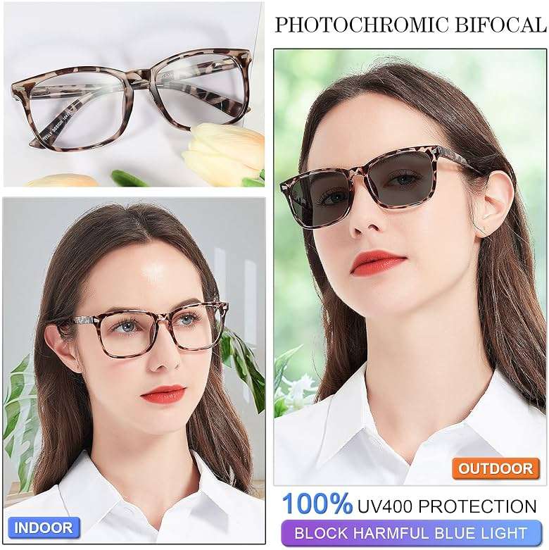 MARE AZZURO Photochromic Bifocal Reading Glasses Women Blue Light Blocking Square Readers Sunglasses 1.00 1.50 2.00 2.50 3.00 3.50 4.0 (Leopard, 2.5) - Image 2