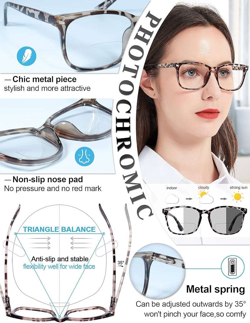 MARE AZZURO Photochromic Bifocal Reading Glasses Women Blue Light Blocking Square Readers Sunglasses 1.00 1.50 2.00 2.50 3.00 3.50 4.0 (Leopard, 2.5) - Image 5