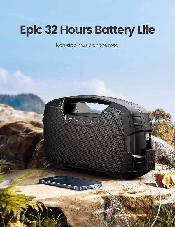 IPX7 Waterproof Outdoor Bluetooth Speaker, Wireless, 90W(Peak), 32H Playtime, Floating Design, Deep Bass & Loud Stereo Sound, Portable with Handle, Rugged for Pool, Beach, Kayaking, Hiking, Black - Image 4