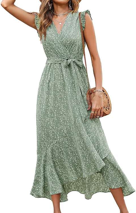 BTFBM Womens Boho Maxi Dress 2026 Summer Floral Vacation Ruffle Sleeve V Neck Wrap Spring Beach Wedding Guest Dresses - Image 1