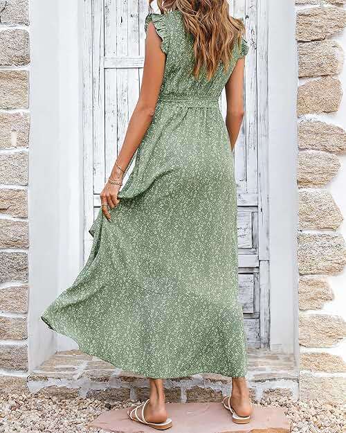 BTFBM Womens Boho Maxi Dress 2026 Summer Floral Vacation Ruffle Sleeve V Neck Wrap Spring Beach Wedding Guest Dresses - Image 2