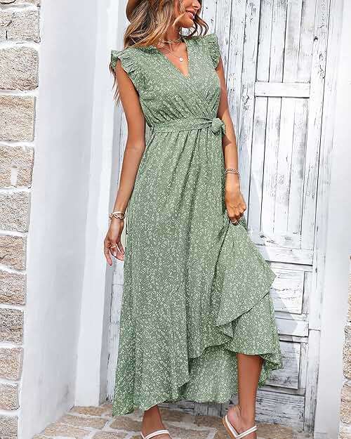 BTFBM Womens Boho Maxi Dress 2026 Summer Floral Vacation Ruffle Sleeve V Neck Wrap Spring Beach Wedding Guest Dresses - Image 3