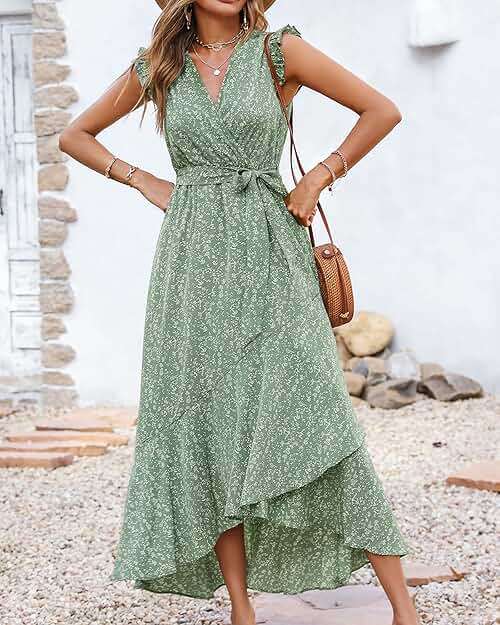 BTFBM Womens Boho Maxi Dress 2026 Summer Floral Vacation Ruffle Sleeve V Neck Wrap Spring Beach Wedding Guest Dresses - Image 5