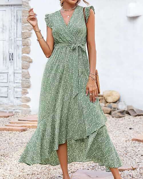 BTFBM Womens Boho Maxi Dress 2026 Summer Floral Vacation Ruffle Sleeve V Neck Wrap Spring Beach Wedding Guest Dresses - Image 7