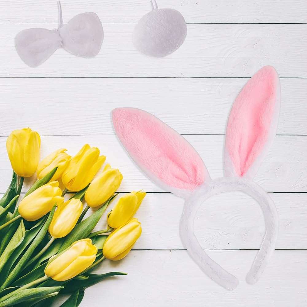 JIALWEN Easter Bunny Ears Set, 3 Piece Plush Rabbit Ears Headband Bow Tie and Tail for Halloween Cosplay Party Dress Up Accessories (White + Pink) - Image 3
