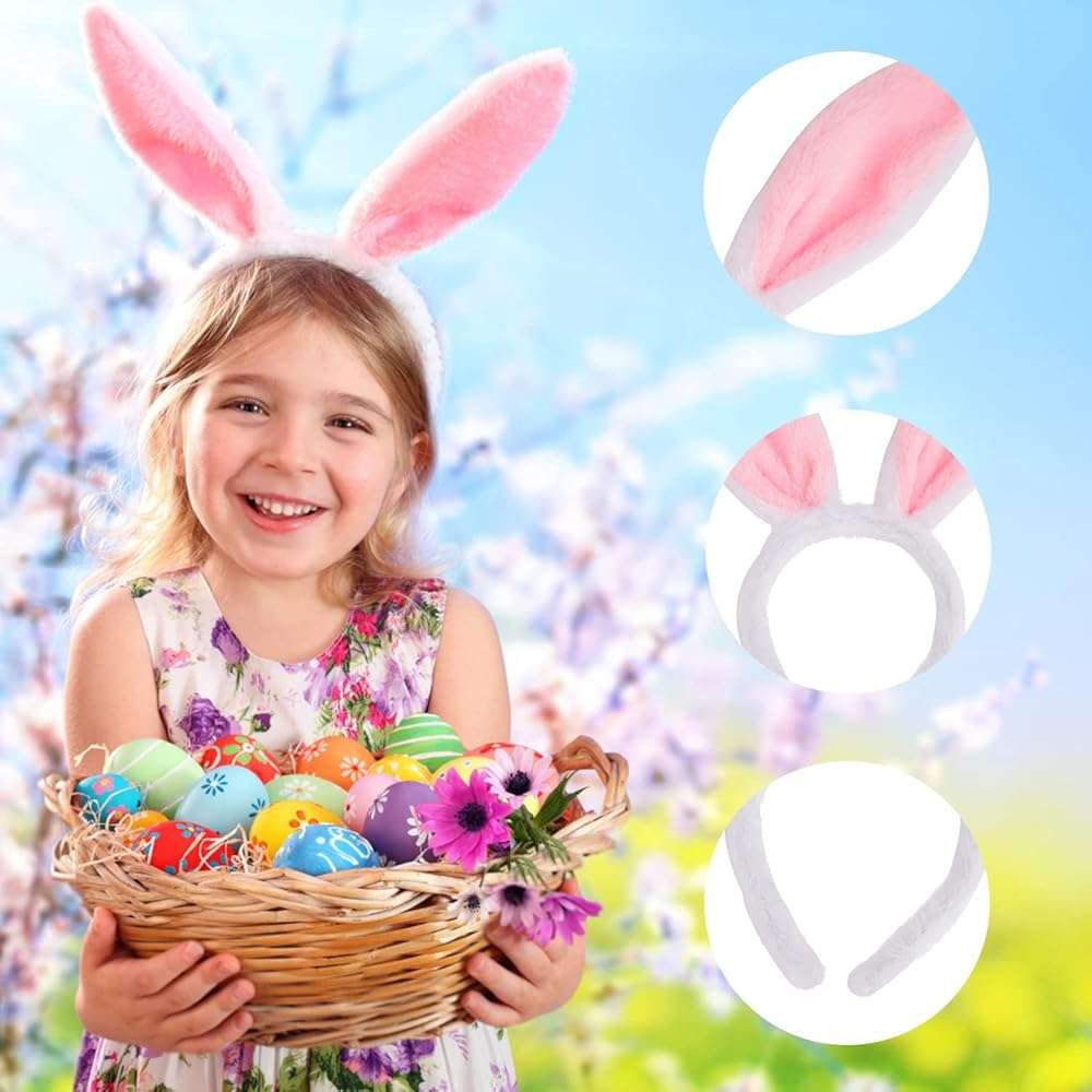 JIALWEN Easter Bunny Ears Set, 3 Piece Plush Rabbit Ears Headband Bow Tie and Tail for Halloween Cosplay Party Dress Up Accessories (White + Pink) - Image 4
