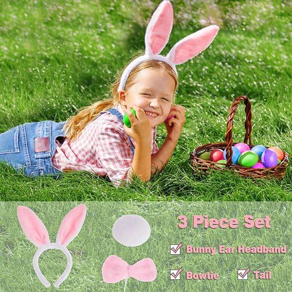 JIALWEN Easter Bunny Ears Set, 3 Piece Plush Rabbit Ears Headband Bow Tie and Tail for Halloween Cosplay Party Dress Up Accessories (White + Pink) - Image 5