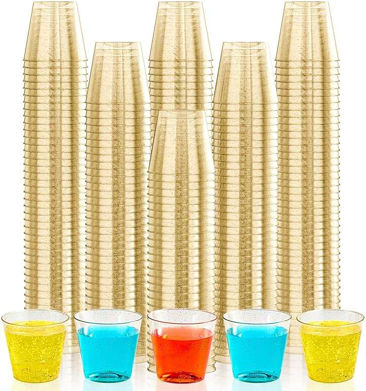 JOLLY CHEF 500 Pack 1 oz Shot Glasses, Gold Glitter Elegant Party Cups Tumblers, Disposable Cups with Glitter for Wedding, Thanksgiving Day, Christmas Halloween Party - Image 1