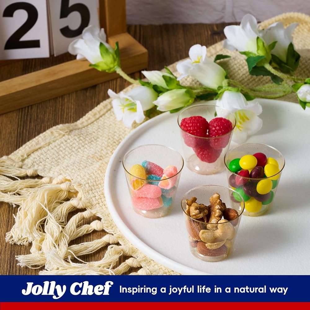 JOLLY CHEF 500 Pack 1 oz Shot Glasses, Gold Glitter Elegant Party Cups Tumblers, Disposable Cups with Glitter for Wedding, Thanksgiving Day, Christmas Halloween Party - Image 5