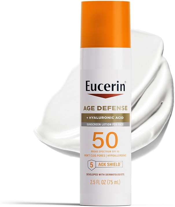 Eucerin Sun Age Defense SPF 50 Face Sunscreen Lotion with Hyaluronic Acid, Hypoallergenic, Non-Comedogenic Sunscreen SPF 50 Free of Fragrance, Oxybenzone and Octinoxate, 2.5 Fl Oz Bottle - Image 1