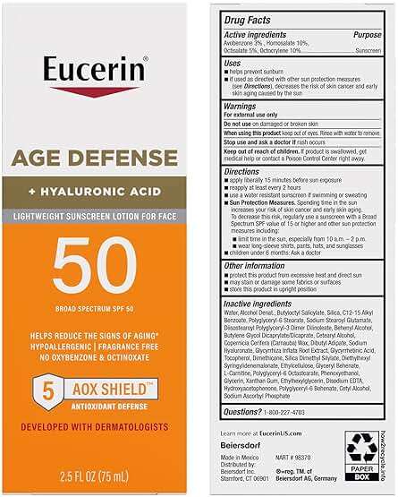 Eucerin Sun Age Defense SPF 50 Face Sunscreen Lotion with Hyaluronic Acid, Hypoallergenic, Non-Comedogenic Sunscreen SPF 50 Free of Fragrance, Oxybenzone and Octinoxate, 2.5 Fl Oz Bottle - Image 9
