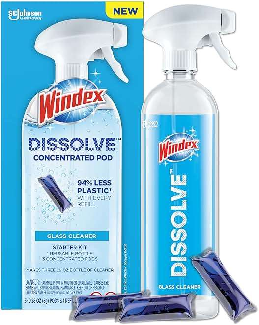 Windex Dissolve Concentrated Pods, Glass Cleaner Starter Kit contains 1 Reusable Bottle, 3 Concentrated Dissolvable Pod - Image 1