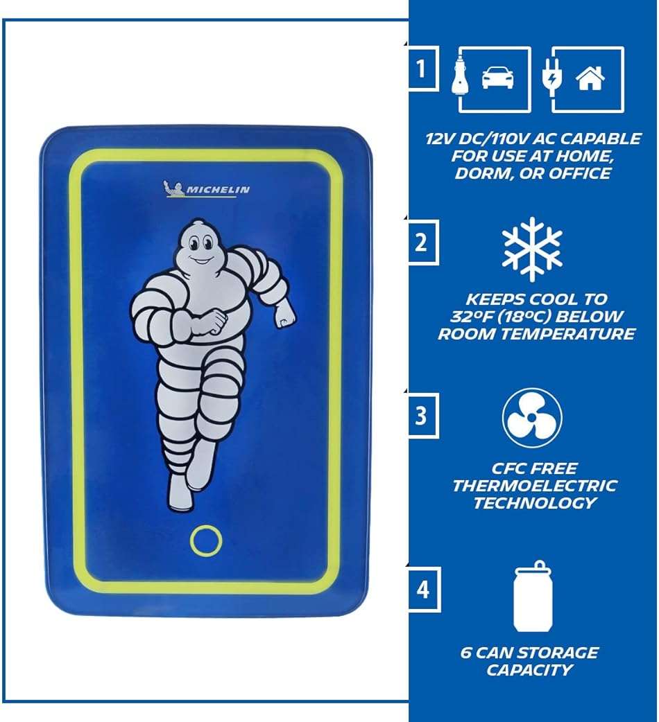 Koolatron MICHELIN Portable Mini Fridge for Bedroom Skincare Cosmatic Office Portable Small Refrigerator 6 Can Mini Refrigerator Compact Fridge Dorm Fridge Small Fridge Travel Cooler 12V AC Blue - Image 4