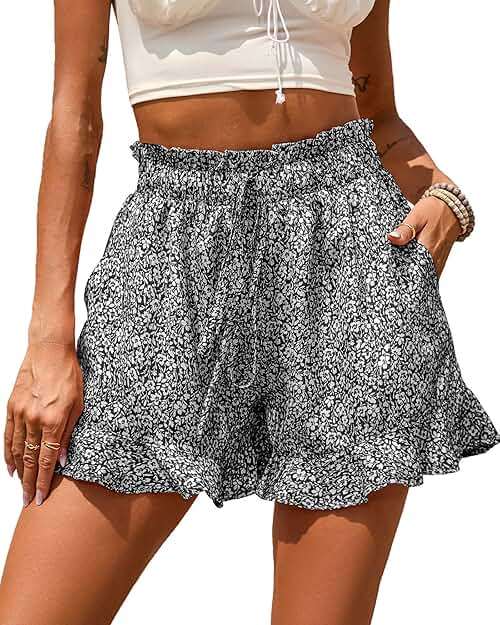 BTFBM Shorts for Women Spring Summer 2026 Beach Vacation Clothes Boho Floral Belted Casual Ruffle Short Pants Pocket Outfits - Image 1