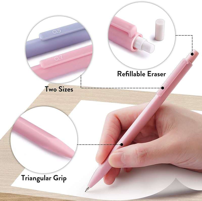 Four Candies Cute Mechanical Pencil Set, 6PCS Pastel Mechanical Pencils 0.5 & 0.7mm with 360PCS HB Leads, 3PCS Erasers and 9PCS Eraser Refills, Aesthetic School Supplies for Girls Writing - Image 5