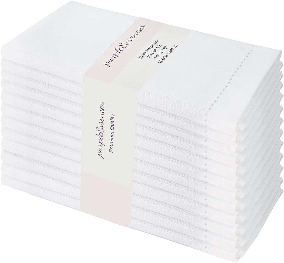 PurpleEssences Set of 12 Hemstitch Cloth Dinner Napkins 100% Cotton - Soft Durable Washable - Ideal for Wedding Spring Easter Summer - Perfect Everyday Use Table Linen 18x18 - White - Image 1