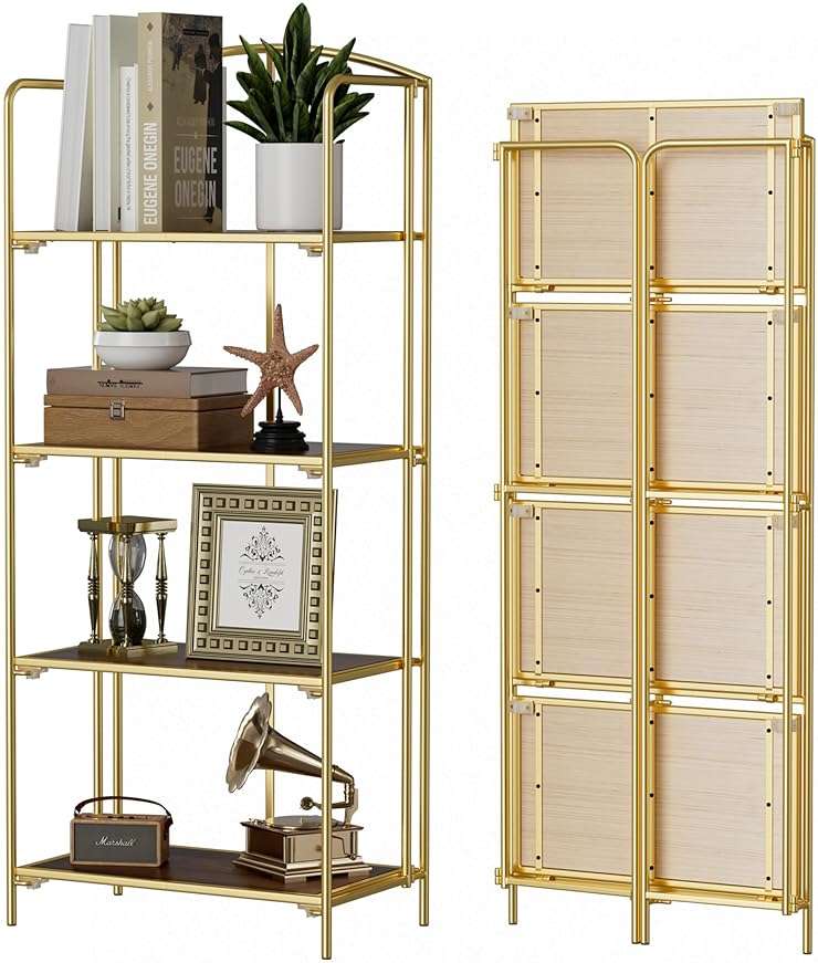 Crofy No Assembly Folding Bookshelf for Living Room, 4 Tier Gold Collapsible Book Shelf for Home Office, Portable Bookcase Storage Organizer - Image 1