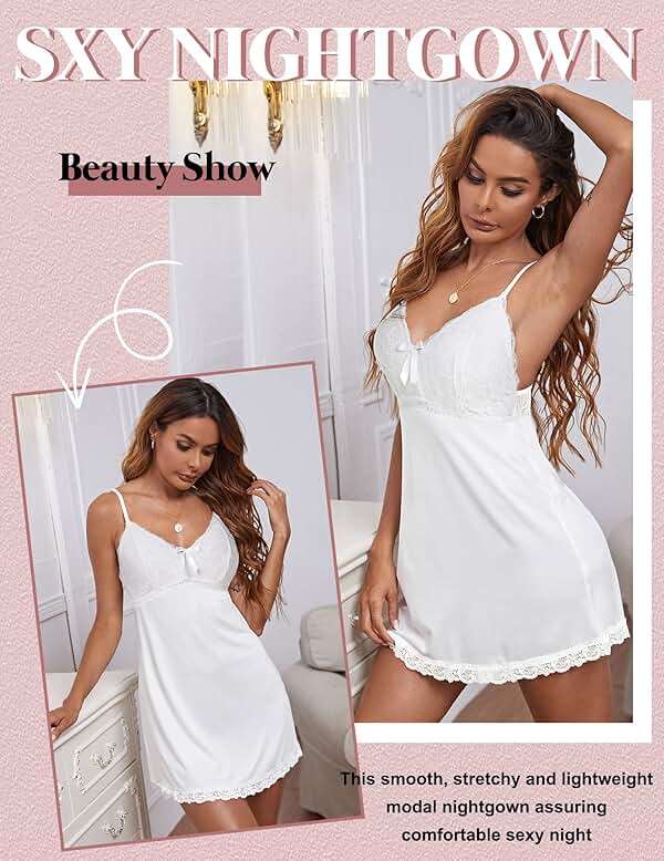 Avidlove Women Nightgown Sexy Sleepwear Lace Chemise V-neck Modal Babydoll Lounge Dress - Image 7