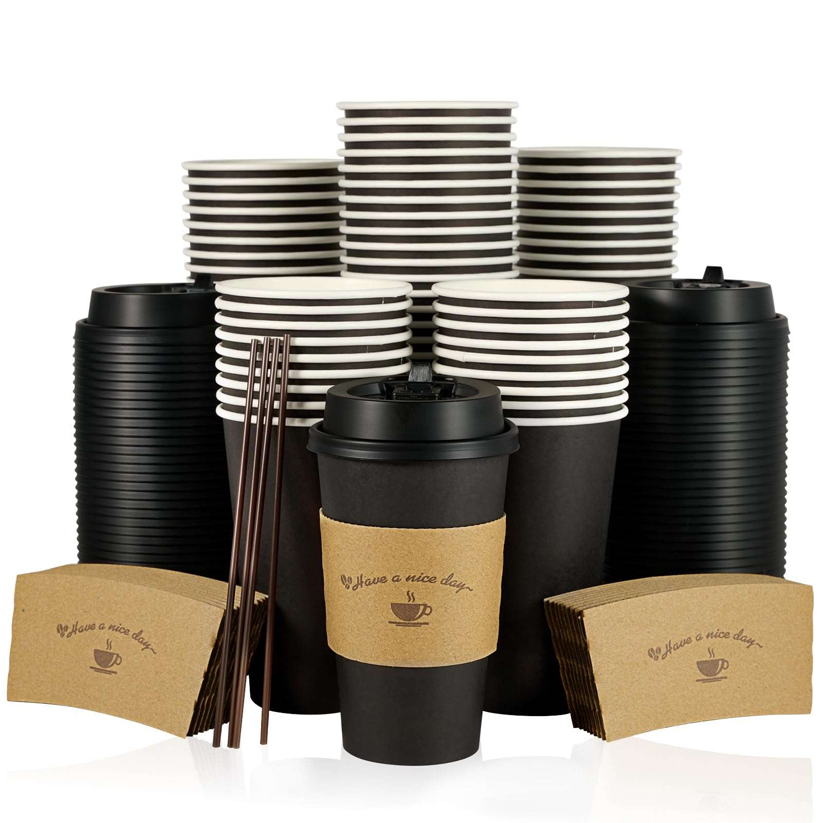 LITOPAK 100 Pack 16 oz Paper Coffee Cups with Lids, Black Disposable Coffee Cups with Lids, Sleeves and Stirring Sticks, for Parties, Picnic, Travel, and Events - Image 1