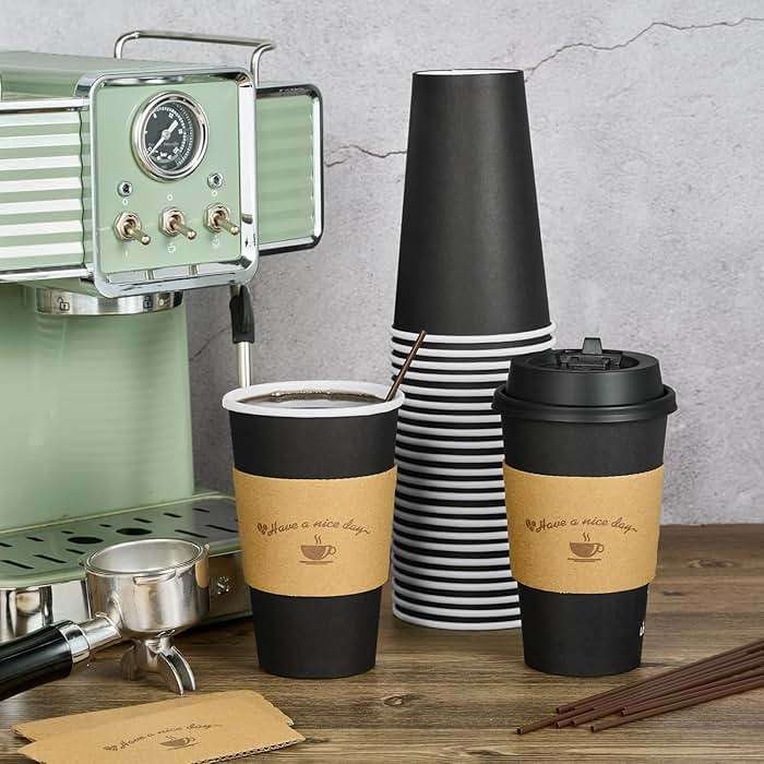 LITOPAK 100 Pack 16 oz Paper Coffee Cups with Lids, Black Disposable Coffee Cups with Lids, Sleeves and Stirring Sticks, for Parties, Picnic, Travel, and Events - Image 2