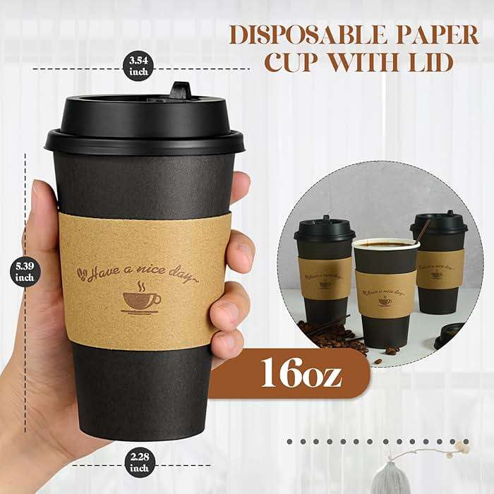 LITOPAK 100 Pack 16 oz Paper Coffee Cups with Lids, Black Disposable Coffee Cups with Lids, Sleeves and Stirring Sticks, for Parties, Picnic, Travel, and Events - Image 3