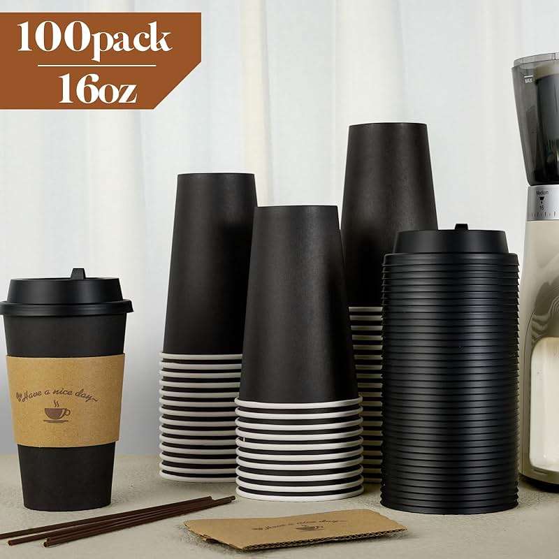 LITOPAK 100 Pack 16 oz Paper Coffee Cups with Lids, Black Disposable Coffee Cups with Lids, Sleeves and Stirring Sticks, for Parties, Picnic, Travel, and Events - Image 4