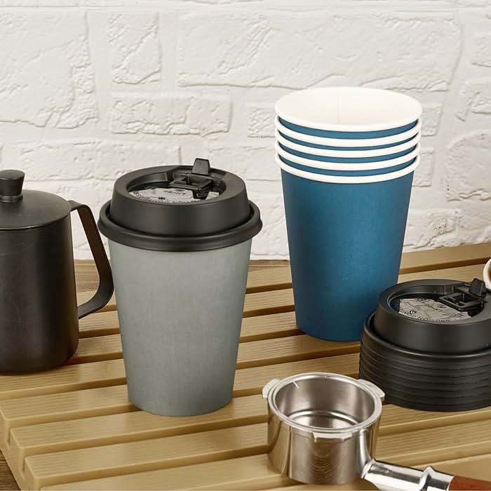 LITOPAK 100 Pack 12 oz Disposable Paper Coffee Cups with Lids for Coffee, Water, Juice, or Tea, Blue and Gray Hot Paper Cups for Home, Restaurant, Store, and Cafe - Image 2