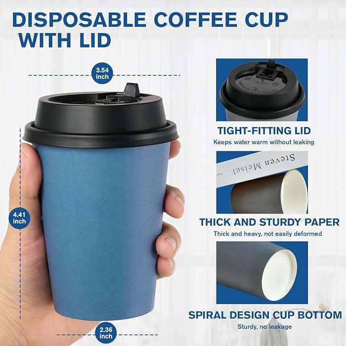 LITOPAK 100 Pack 12 oz Disposable Paper Coffee Cups with Lids for Coffee, Water, Juice, or Tea, Blue and Gray Hot Paper Cups for Home, Restaurant, Store, and Cafe - Image 3