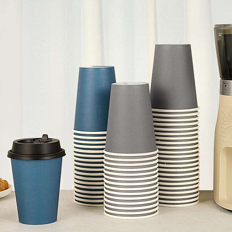 LITOPAK 100 Pack 12 oz Disposable Paper Coffee Cups with Lids for Coffee, Water, Juice, or Tea, Blue and Gray Hot Paper Cups for Home, Restaurant, Store, and Cafe - Image 4