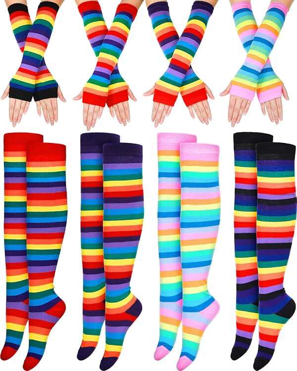 8 Pairs Women's Rainbow Thigh High Socks Fingerless Arm Warmer Set Long Striped High Socks Leg Warmers for Pride Fest - Image 1