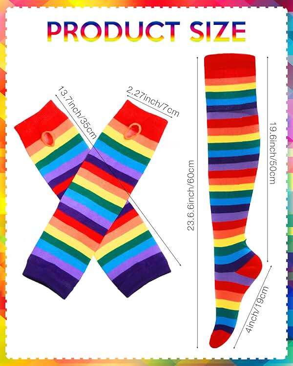 8 Pairs Women's Rainbow Thigh High Socks Fingerless Arm Warmer Set Long Striped High Socks Leg Warmers for Pride Fest - Image 2