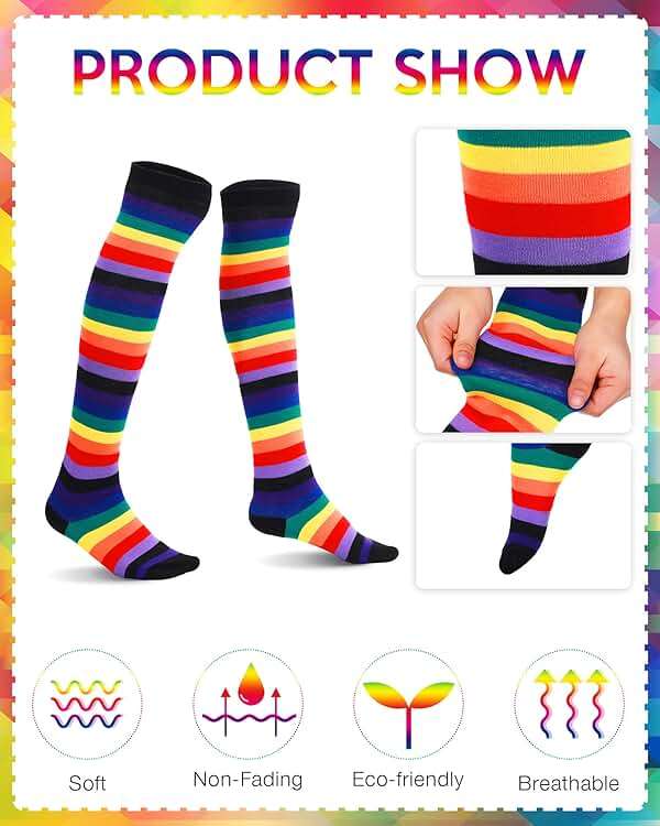 8 Pairs Women's Rainbow Thigh High Socks Fingerless Arm Warmer Set Long Striped High Socks Leg Warmers for Pride Fest - Image 3
