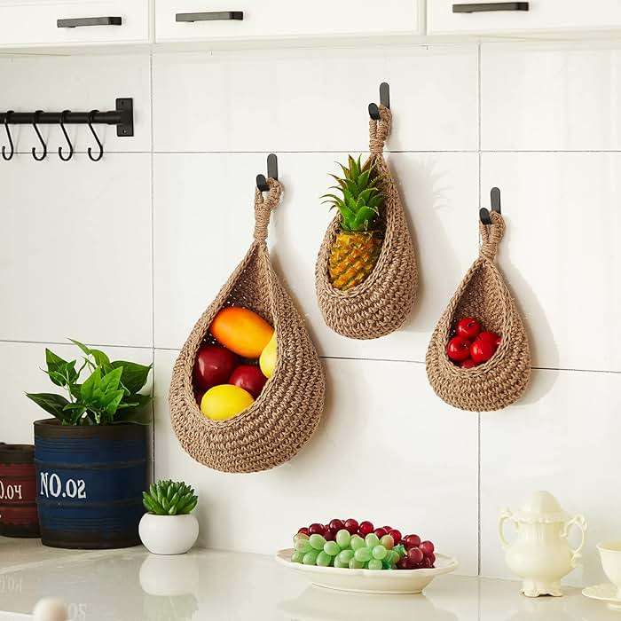 Honeydak Boho Decor Hanging Wall Baskets for Kitchen 3 Pack Teardrop Baskets with Hooks Storage Fruit Onion Vegetable Potato for Home 3 Sizes(Linen,Teardrop,Jute) - Image 2