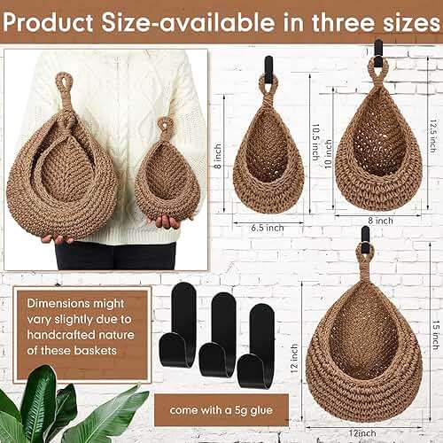 Honeydak Boho Decor Hanging Wall Baskets for Kitchen 3 Pack Teardrop Baskets with Hooks Storage Fruit Onion Vegetable Potato for Home 3 Sizes(Linen,Teardrop,Jute) - Image 3