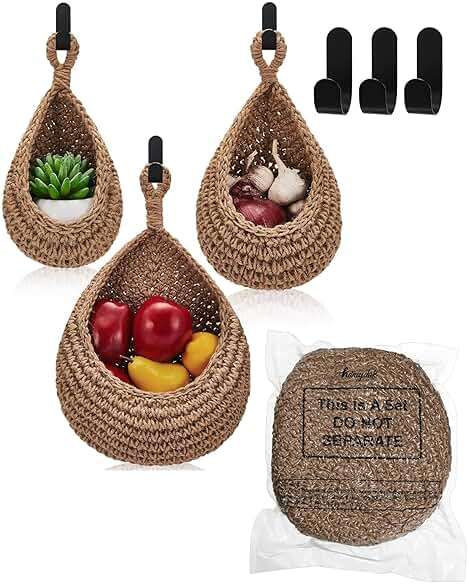 Honeydak Boho Decor Hanging Wall Baskets for Kitchen 3 Pack Teardrop Baskets with Hooks Storage Fruit Onion Vegetable Potato for Home 3 Sizes(Linen,Teardrop,Jute) - Image 7