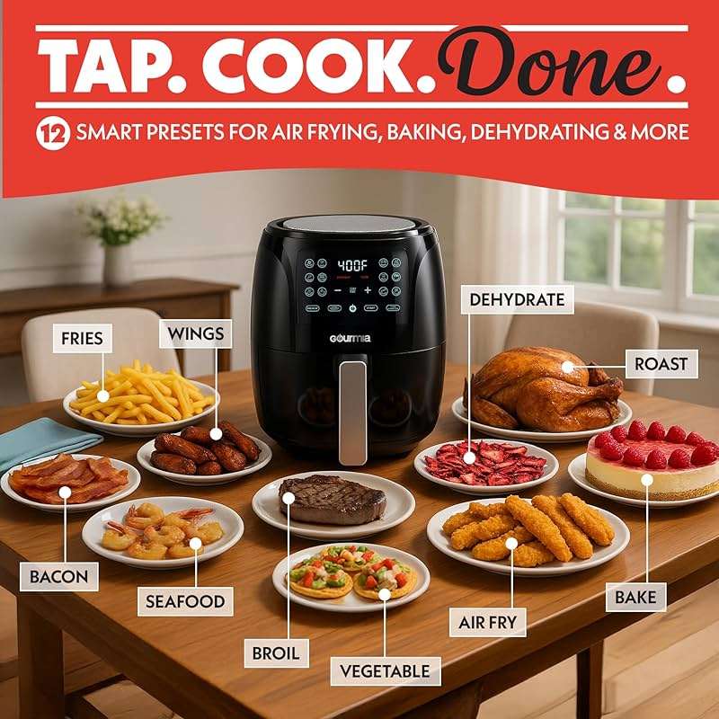 Gourmia Air Fryer - 6 Qt Large Capacity, FryForce 360º, Digital Display with 12 Presets, Roast, Bake, Broil, Dehydrate, Dishwasher Safe Accessories, Black - Image 3